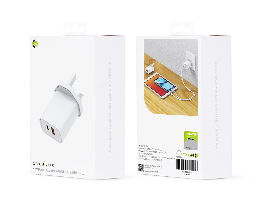 20W Power Adapter With USB-C & USB Ports